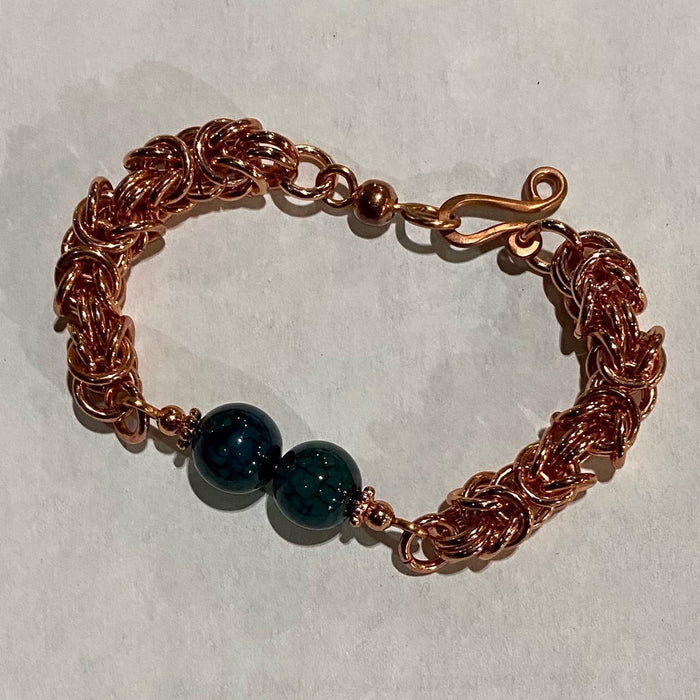 Chain Mail Copper Bracelet with Blue Glass Beads