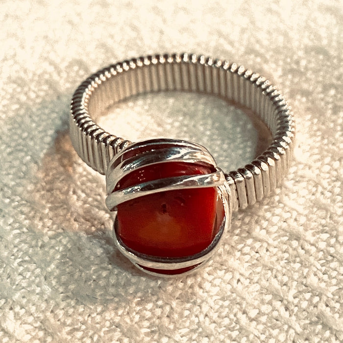 Red Coral Wire Wrap Silver Ring