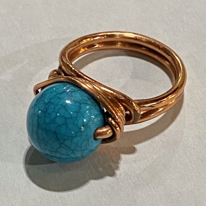 Teal Ceramic Bead Wire Wrap Copper Ring