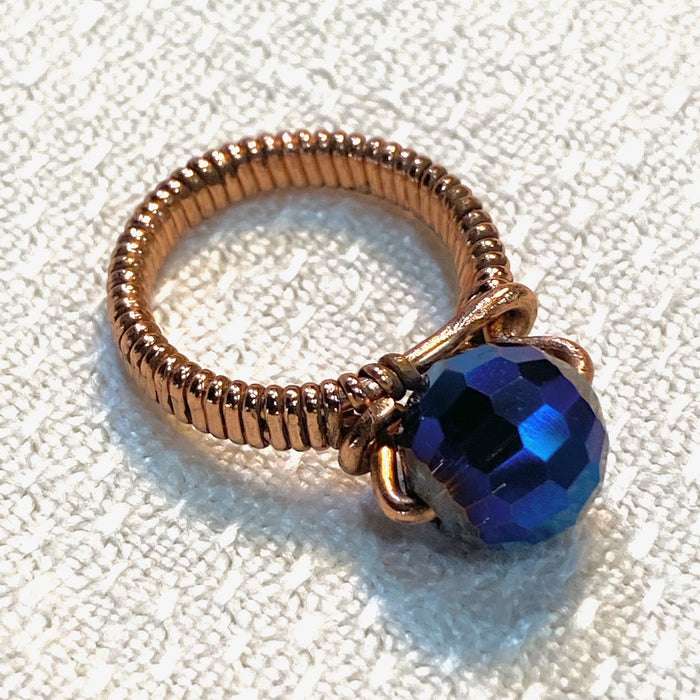 Blue Glass Bead Wire Wrap Copper Ring